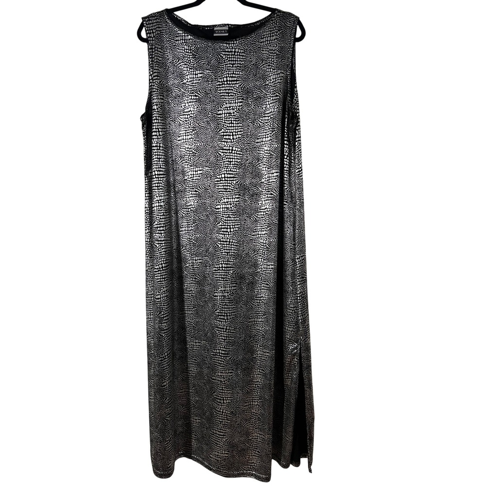 Vtg Scene 1 Maxi Dress 3X Vintage Aesthetic Silver Metallic Dot Sleeveless Black